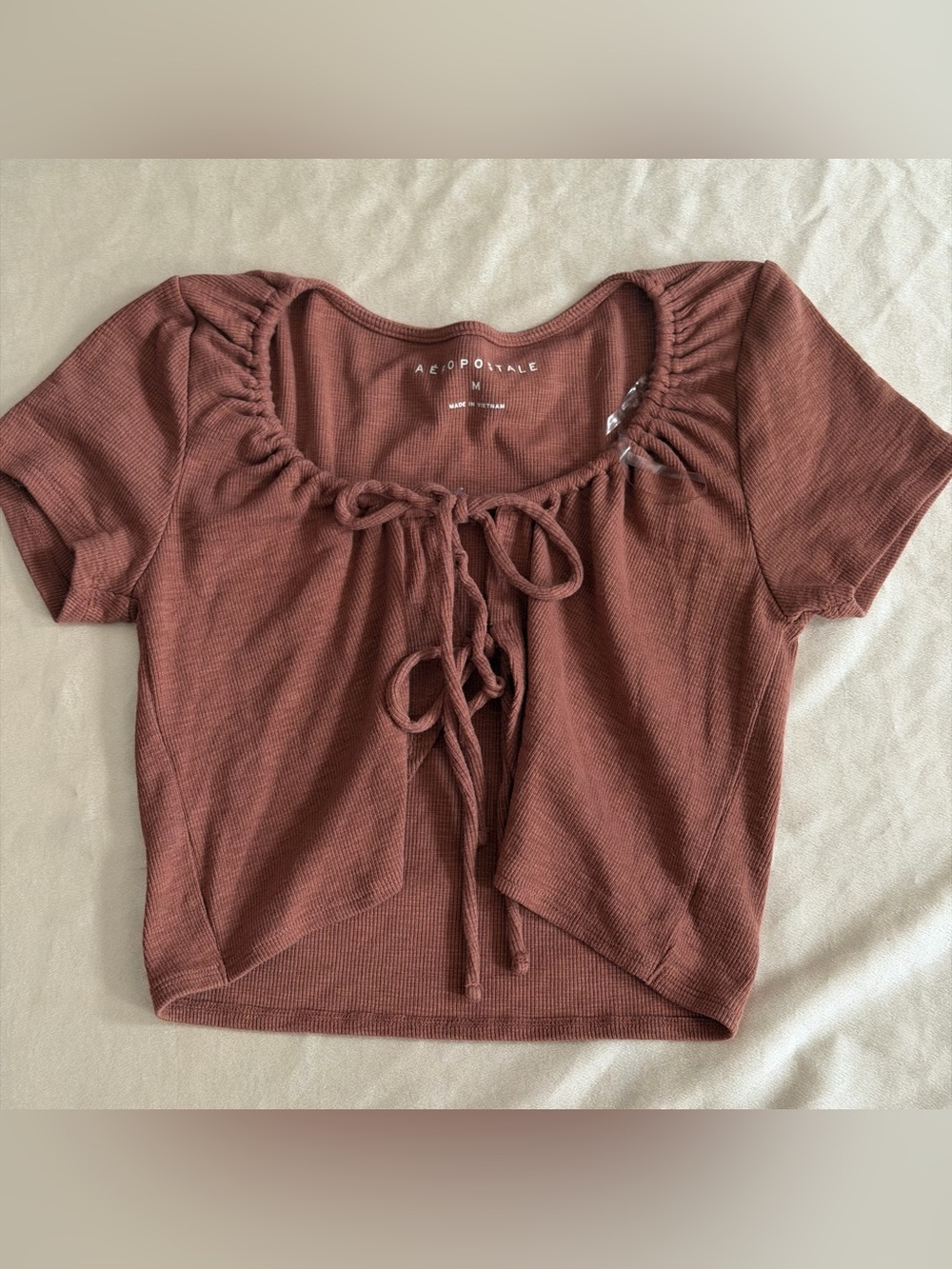 Aeropostale Brown Ribbed Tie-Front Crop Top Size M